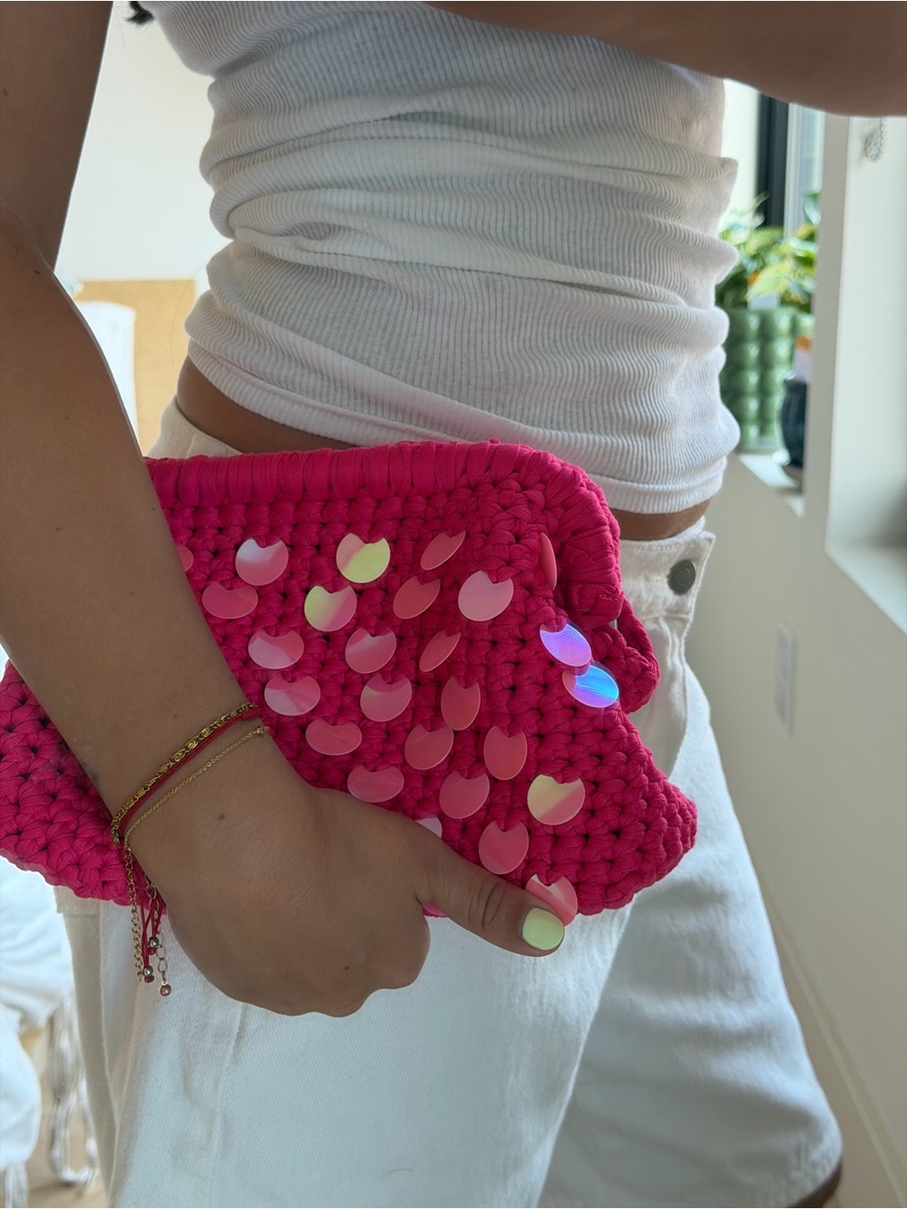 Handmade Hot Pink Crochet Sequin Clutch